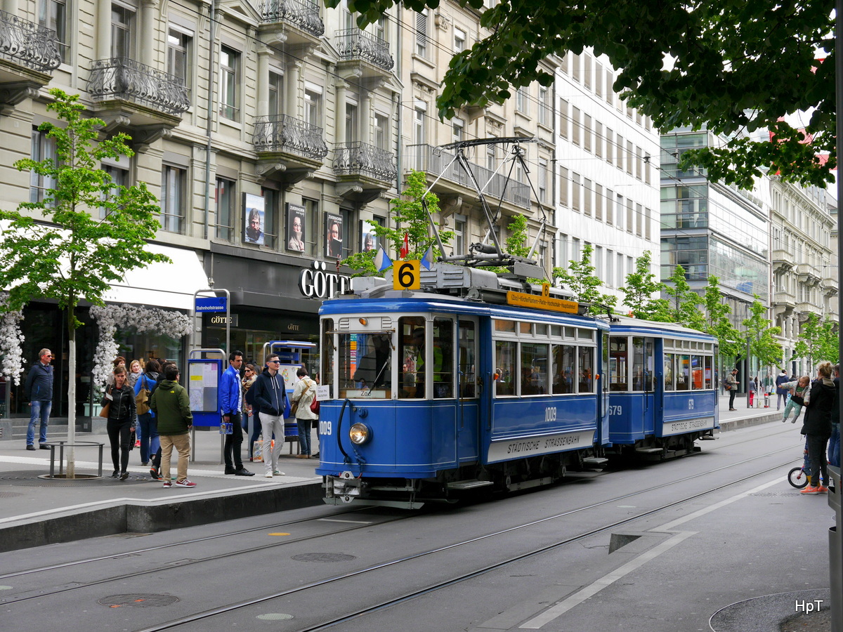VBZ - Tramoldtimer Be 2/2 1009 mit Beiwagen B 679 unterwegs in den Strassen von Zürich am 15.05.2016