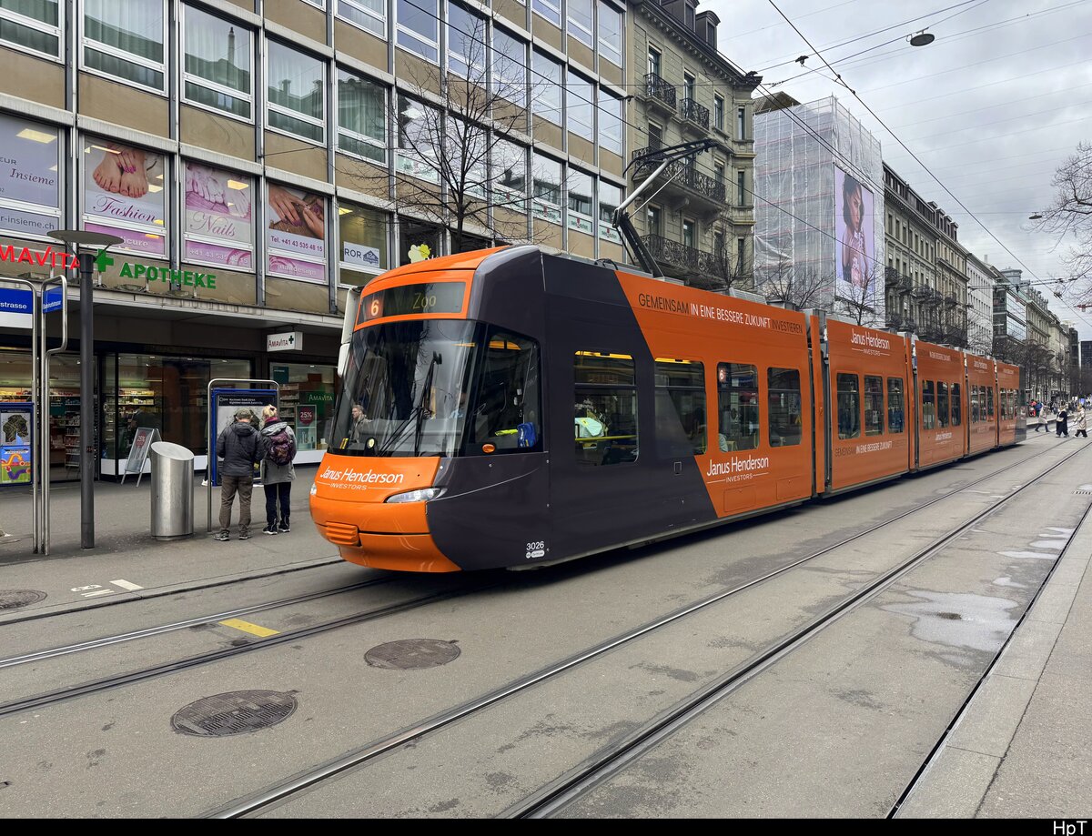 VBZ - Werbetram Be 5/6 3026 unterwegs auf der Linie 6 in Zürich am 13.03.2025