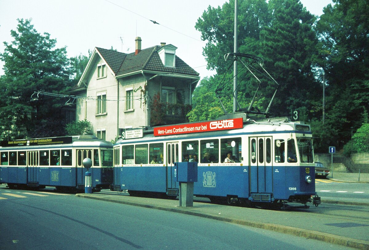 VBZ Zürich__Tw 1366 [Be 4/4 ‘Kurbeli’ Bje. 1940-54] + Bw 793 [B4 Bje. 1945-73] auf Linie 3.__14-09-1974