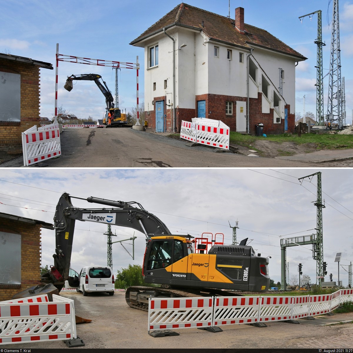 VDE 8 Komplexmaßnahme Halle Rosengarten–Angersdorf
▶ Standort: Bahnhof Angersdorf

Diese beiden Bilder trennen gut vier Monate. Während anderswo alte Stellwerke jahrzehntelang verfallen, wurde in Angersdorf kurzer Prozess gemacht. Eigentlich sollte das elektromechanische Stellwerk  Ag  des Fahrdienstleiters sogar noch bis November in Betrieb bleiben. Schließlich war aber bereits im April Schluss (<a href= https://www.bahnbilder.de/bild/Deutschland~Bahntechnische+Anlagen+und+Kunstbauten~Stellwerke/1254407/vde-8-komplexmassnahme-halle-rosengarten8211angersdorf9654-standort.html  target= _blank >Aufnahmezeitpunkt des oberen Bildes</a>). Nun steht ein Bagger an dessen Position.

🚩 Bahnstrecke Halle–Hann. Münden (KBS 590)
🕓 13.4.2021 / 17.8.2021