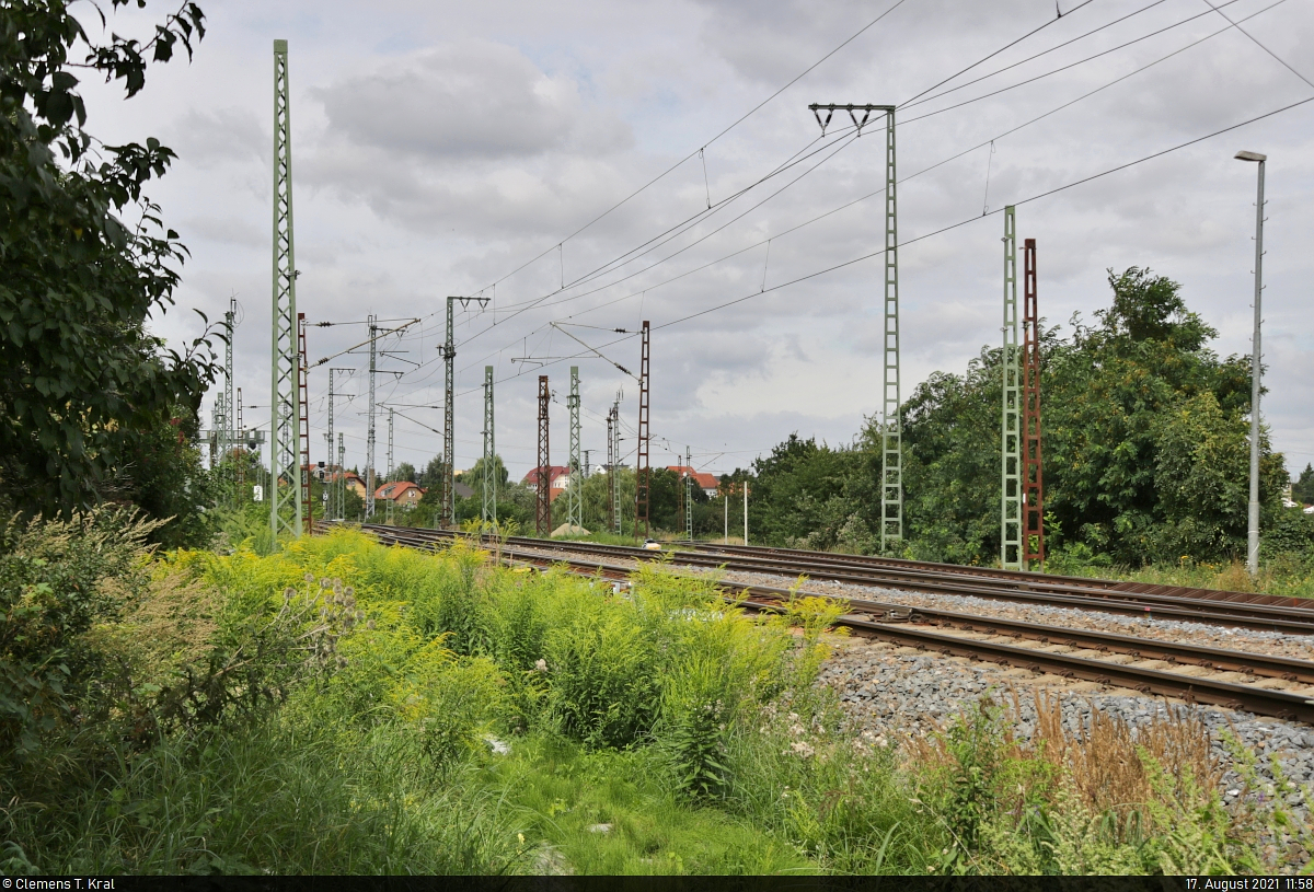 VDE 8 Komplexmaßnahme Halle Rosengarten–Angersdorf
▶ Standort: Angersdorf, Saaleaue

Einen regelrechten Masten-Wirrwarr gab es Mitte August zwischen dem Bahnhof Angersdorf und der Saaleflutbrücke zu sehen. Hier wird neben den Gleisen auch die Oberleitung erneuert. Das Gleis im Hintergrund zweigt für die S-Bahn nach Halle-Nietleben ab.

🚩 Bahnstrecke Halle–Hann. Münden (KBS 590)
🕓 17.8.2021 | 11:58 Uhr