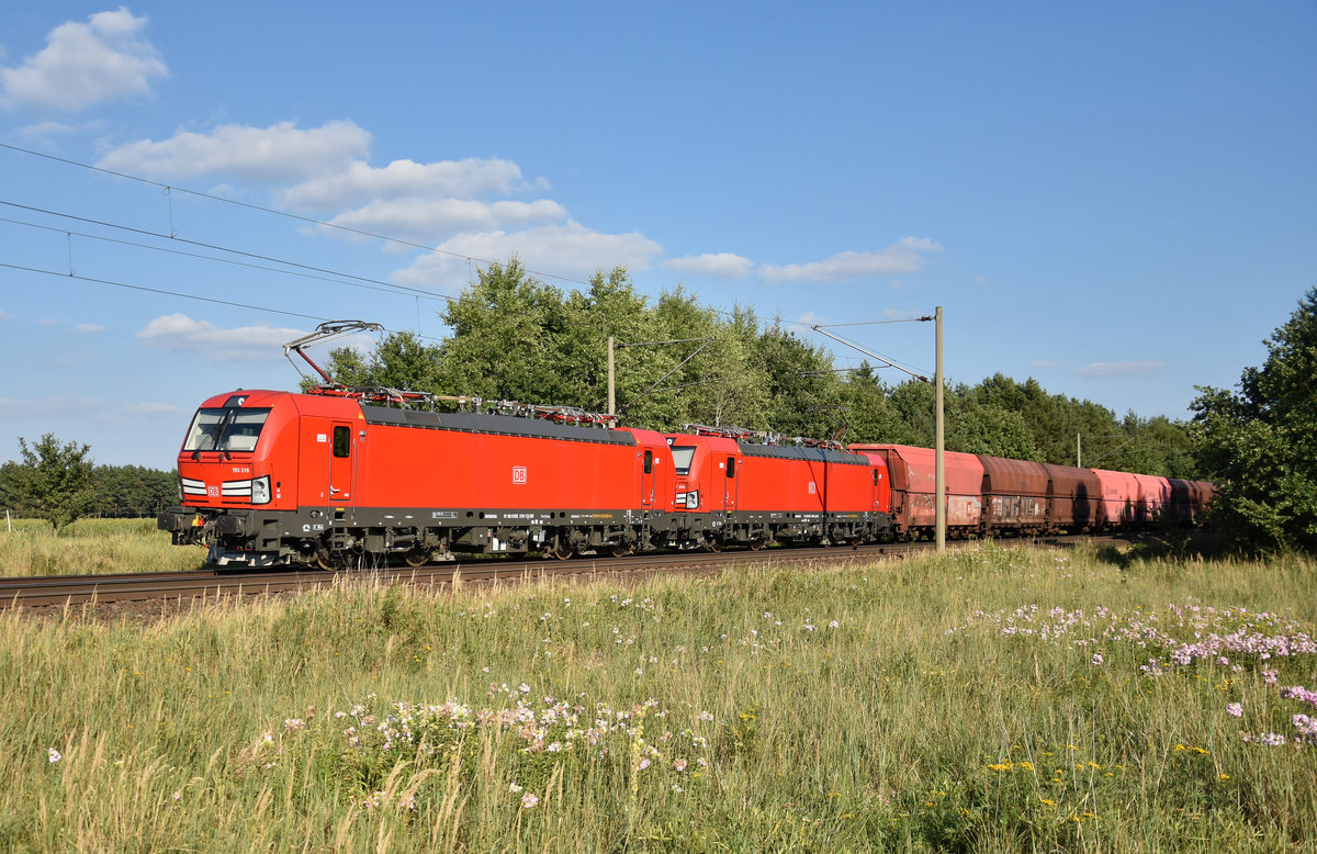 Vectron 193 319-1 und 193 308-4 in Doppeltraktion der DB, unterwegs in Richtung Hamburg. 3km östlich von Büchen, 23.07.2018