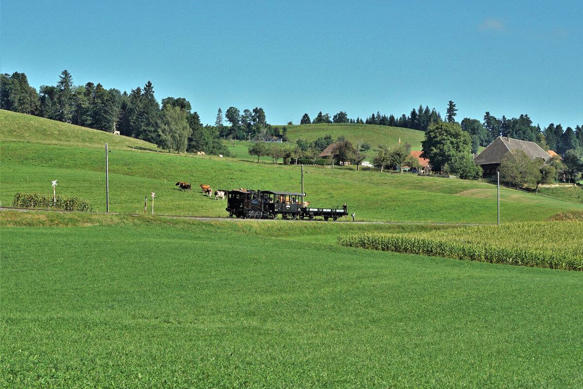 Verein Historische Eisenbahn Emmental (VHE).
Verein Dampfbahn Bern (VDBB).
Impressionen der VDBB E 3/3 853 auf der fotogenen Museumsstrecke der Emmentalbahn vom 11. September 2021.
Die E 3/3 853 der ehemaligen Jura Simplon Bahn gehört zu einer Serie von 4 Lokomotiven mit Baujahr 1890.
Foto: Walter Ruetsch