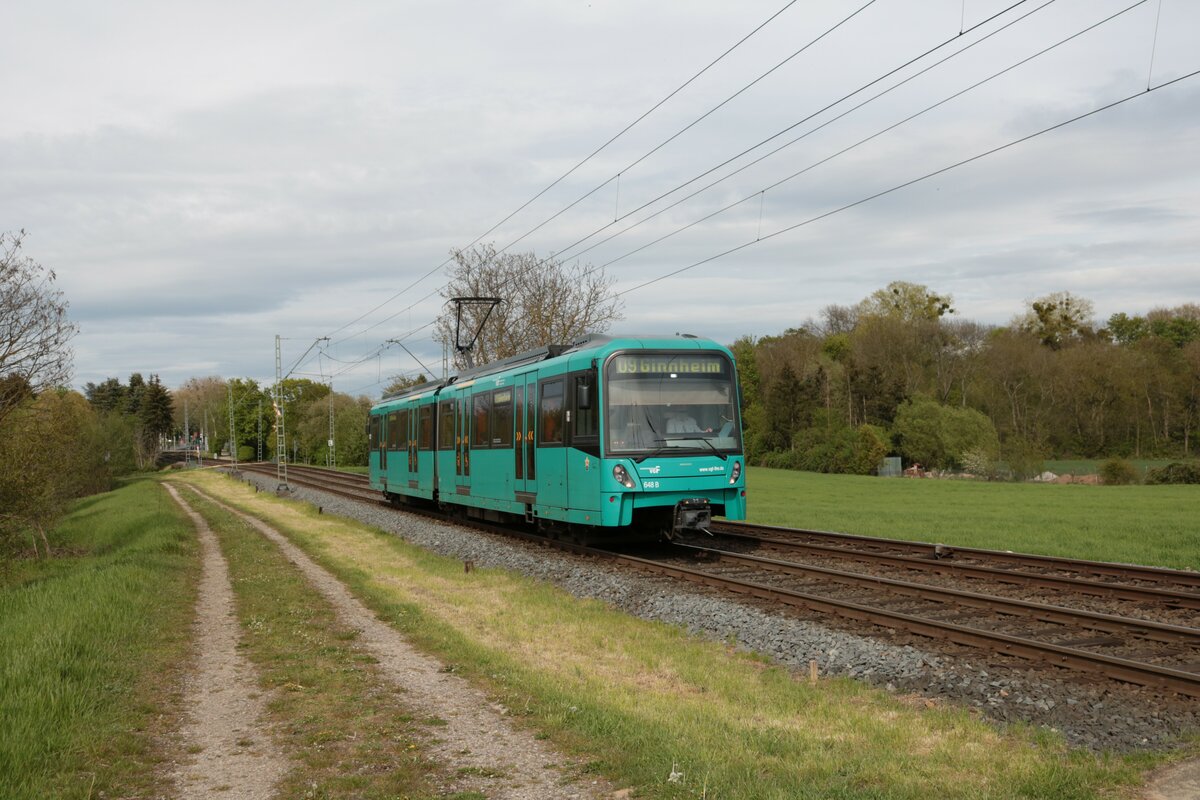 VGF Bombardier Flexity Swift U5-25 Wagen 649 am 08.05.21 in Frankfurt Kalbach