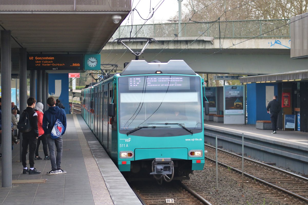 VGF Bombardier U4 Wagen 511 am 06.04.19 in Frankfurt Heddernheim als U2 