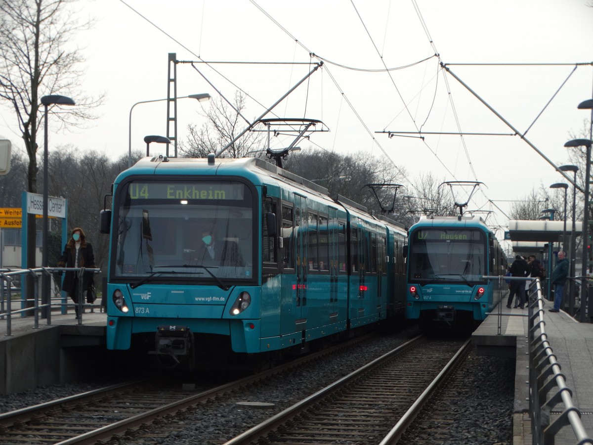 VGF Bombardier U5-50 Wagen 873 und U5-25 Wagen 667 am 01.03.16 in Frankfurt am Main