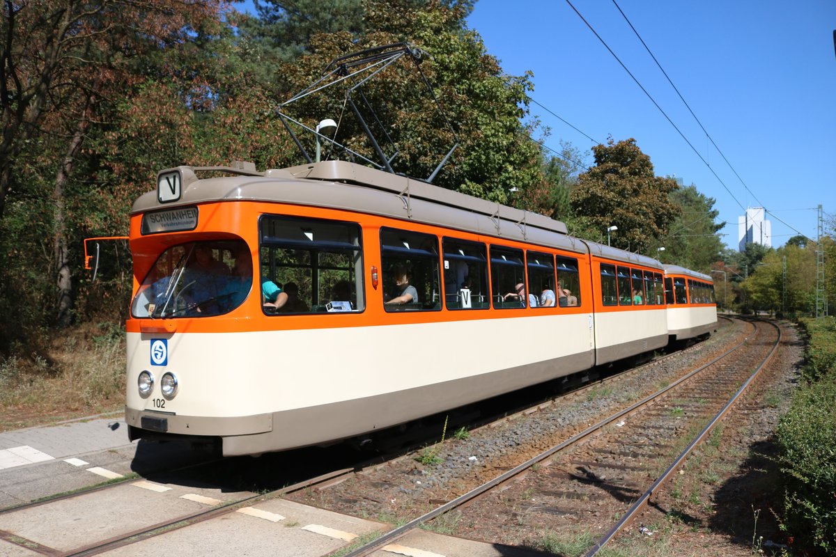 VGF Düwag M-Wagen 102 mit Beiwagen 1804 am 19.08.18 in Frankfurt am Main Schwanheimer Wald