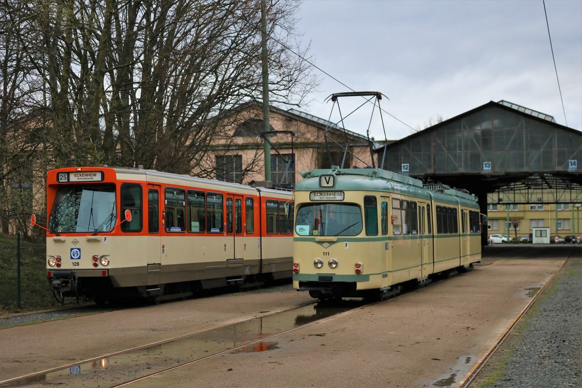 VGF Düwag Pt Wagen 128 und Düwag O Wagen 111am 16.03.19 bei einer Sonderfahrt in Frankfurt Eckenheim