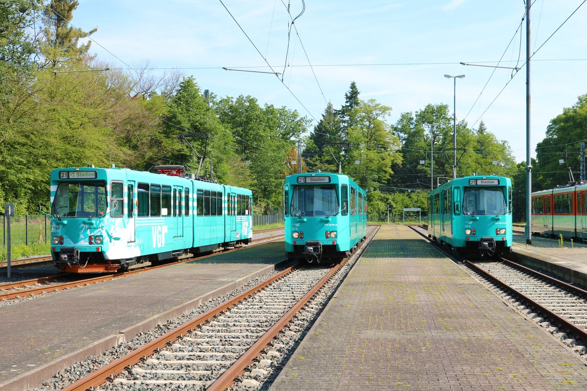 VGF Düwag Pt Wagen 2050(Schneebär)+727+720 am 01.06.19 bei einer Sonderfahrt in Frankfurt am Main Stadion. Das Betriebsgelände war für die Fotografen abgesperrt 