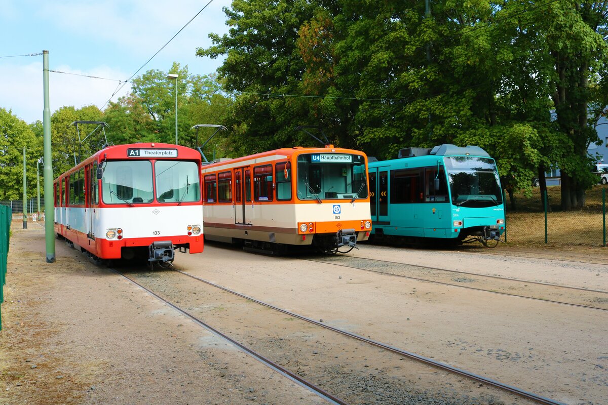 VGF Düwag U2 Wagen 133, U3 Wagen 153 und U4 Wagen 533 am 04.09.22 beim Tag der Verkehrsgeschichte in Frankfur