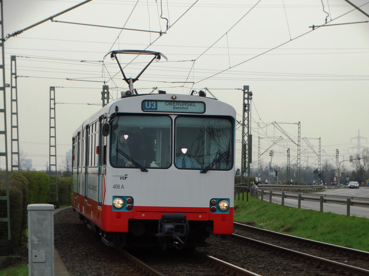 VGF Düwag U2 Wagen 406 am 03.04.16 bei Weißkirchen Ost