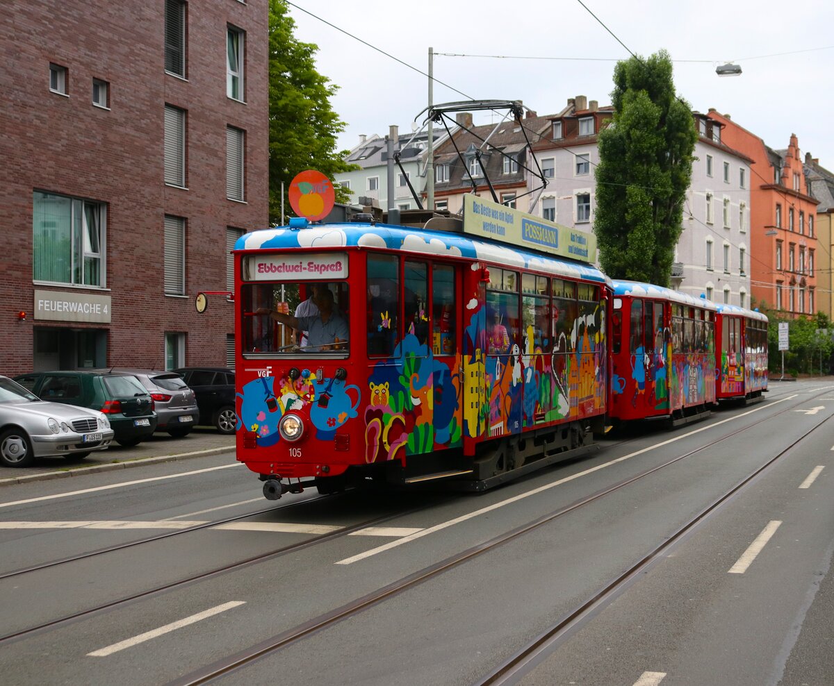 VGF Straßenbahn Frankfurt am Main Ebbelweiexpress Crede´ K-Wagen 105 am 02.06.24