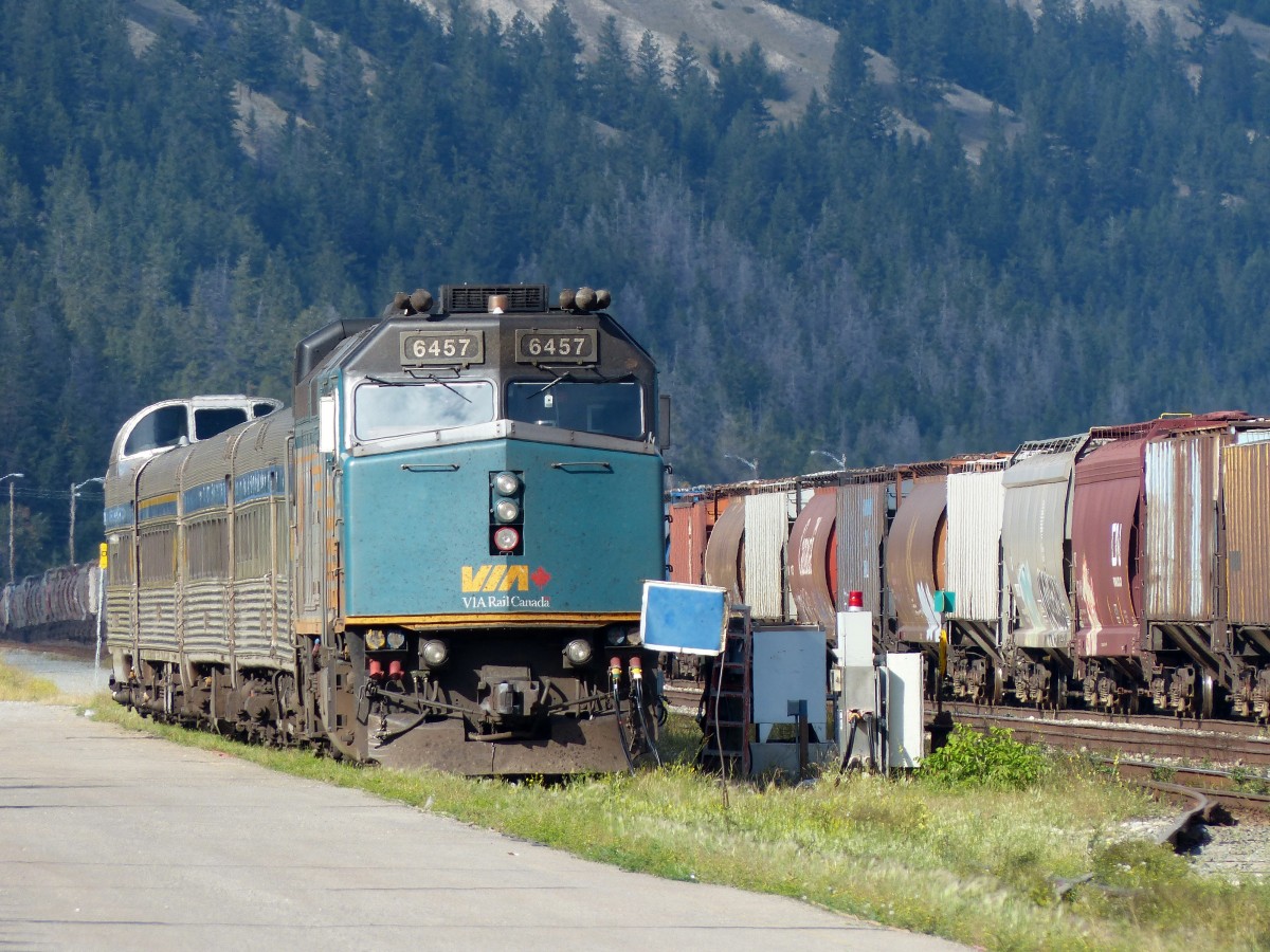 VIA Rail 6457 mit dem Personenzug 'The Skeena', der am nchsten Tag nach Prince Rupert aufbrechen wird am 04.09.2013 in Jasper.