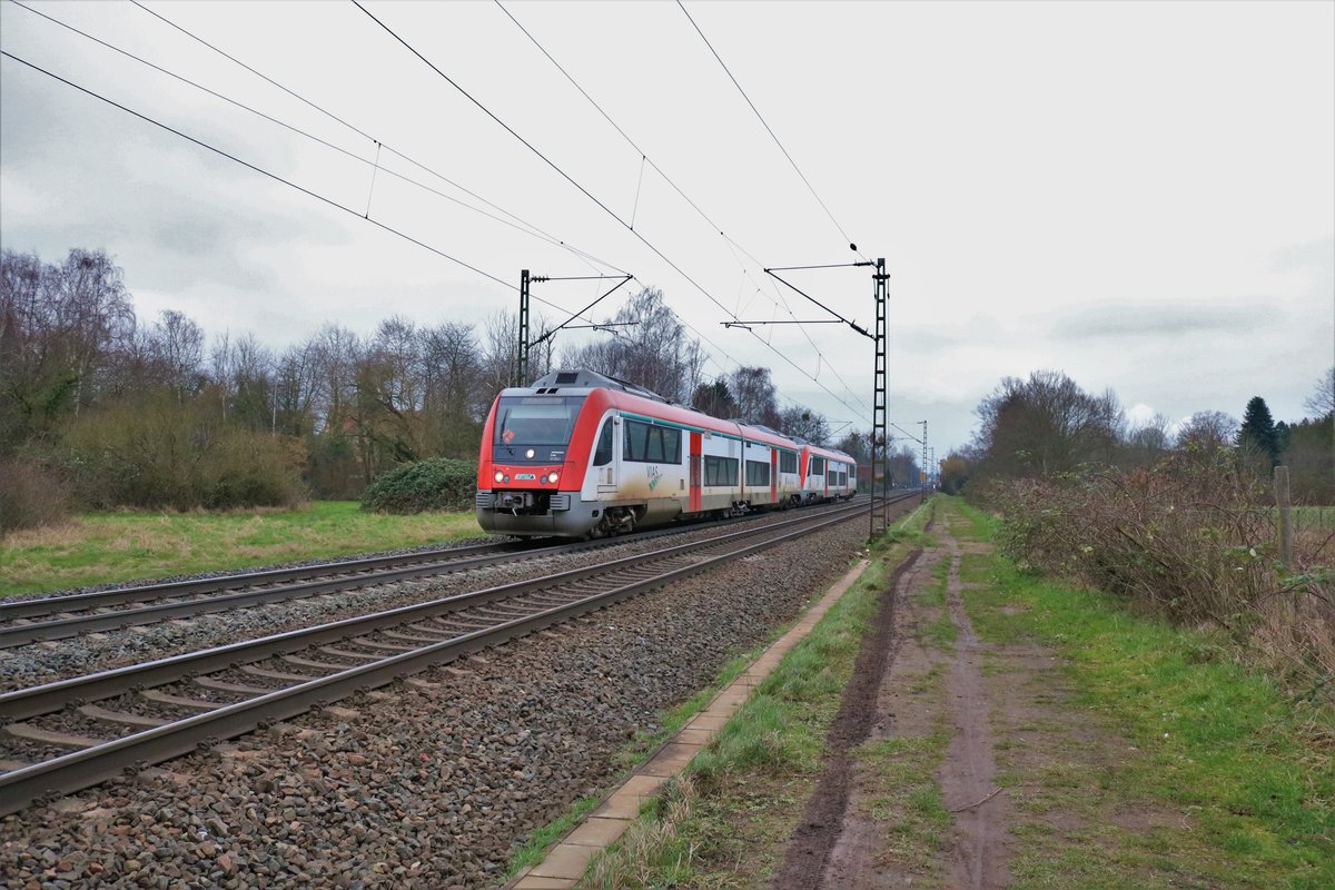 VIAS/Odenwaldbahn Bombardier Itino VT121+VTxxx (BR 615) am 10.02.18 bei Hanau West. Normalerweise Fahren diese Züge über Offenbach Südmainisch aber wegen einer Baustelle wurden Sie Nordmainisch umgeleitet