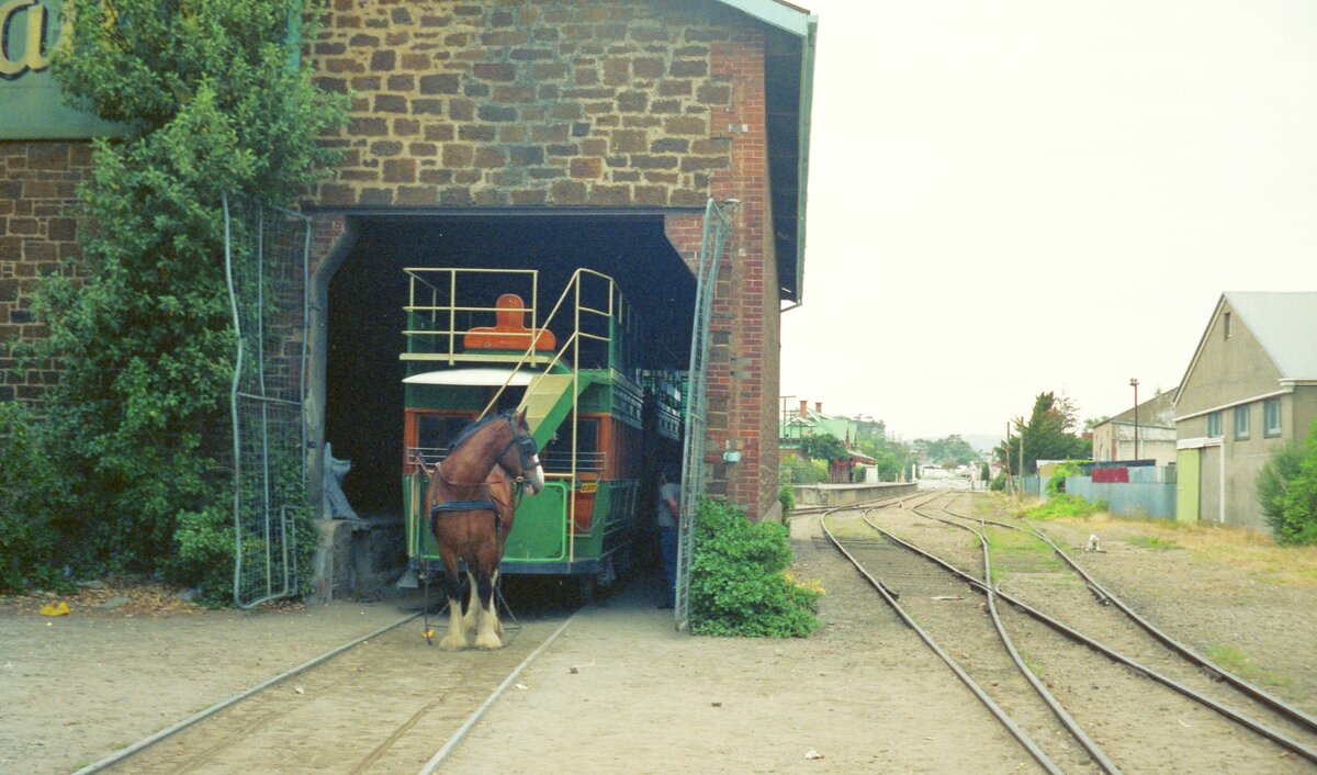 Victor Harbor Horse Tram__South Australia__Morgendliches Ausrücken mit Pferd und Wagen.__08-01-1989