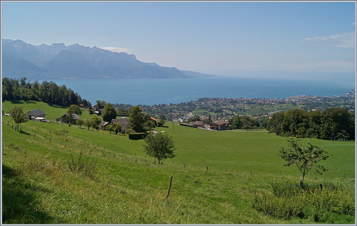 Viel Landschaft und sehr wenig Zug: die Blonay-Chamby G 3/3 N°6 ist mit ihrem Dampfzug bei Cornaux auf der Fahrt nach Blonay

11. August 2019