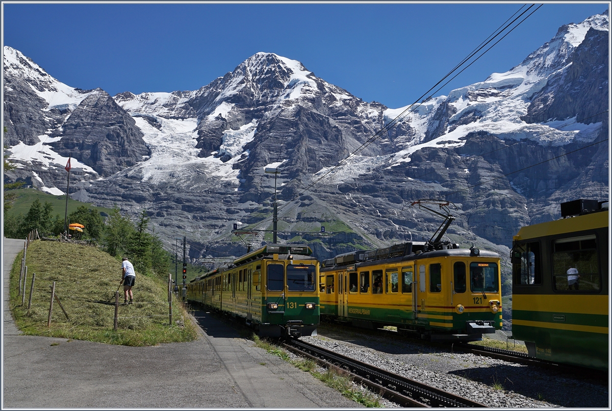 Viel Verkehr auf der Station Wengeneralp, wo sich ein talwärts und zwei bergwärts fahrende WAB Züge kreuzen und dies vor der herrlichen Kulisse der Berge im Hintergrund, wobei in der Mitte wohl der Mönch zu sehen ist.

8. August 2016