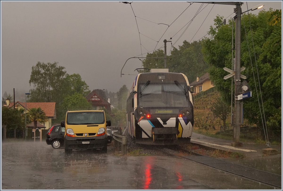 Viel zu trocken soll er gewesen sein, der April 2020 - nun keine Regel ohne Ausnahme...
der mit einem  Lenker -Pendel geführte Regionalzug von Montreux nach Zweisimmen bei der Durchfahrt in Planchamp. 

26. April 2020