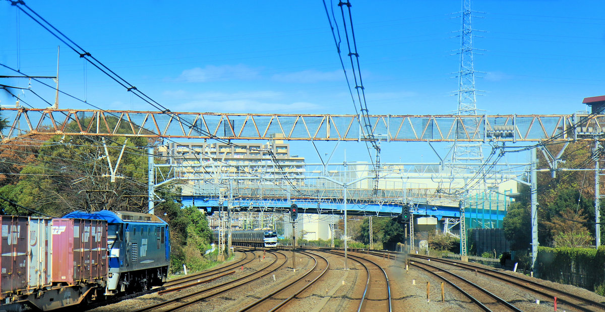 Viele Strecken im Umkreis der grossen Städte haben doppelte Doppelspur. Hier zwischen Ôfuna und Totsuka haben wir gleich 3 Doppelspuren. Blick durch die verglaste Rückwand eines Eilzugs, der seine eigene Fahrbahn hat. Links davon ein Zug, der parallel zu meinem Zug fährt, in diesem Gebiet noch überall hält (Zug 217-2043) und seine eigene Doppelspur hat, und ganz links ein Güterzug mit Lok EF 210-6. 10.November 2018.   TÔKAIDÔ-LINIE 