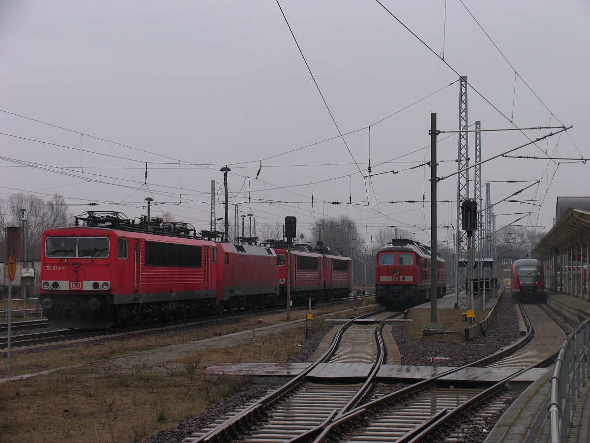 Vier Loks warten auf dem Durchgangsgleis: 155 079, eine 152er, 155 117, 155 208 , auf Gleis 3: die beiden Ludmilla 233 662 und 232 534 neben einem Desiro als RE8 nach Tessin; Wismar, 18.01.2009
