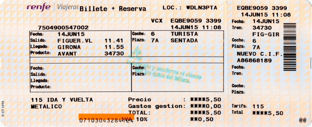 VILAFANT (Katalonien/Provinz Girona), 14.06.2015, Fahrkarte vom AVE-Bahnhof Figueres-Vilafant nach Girona
