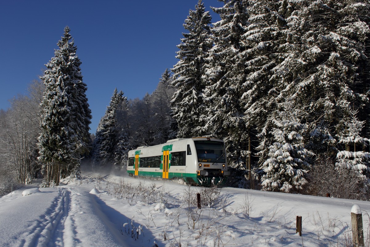 Vogtlandbahn der  Neuen Generation  im Winterwald bei der Talsperre Muldenberg. Gesehen am 18.01.2016 