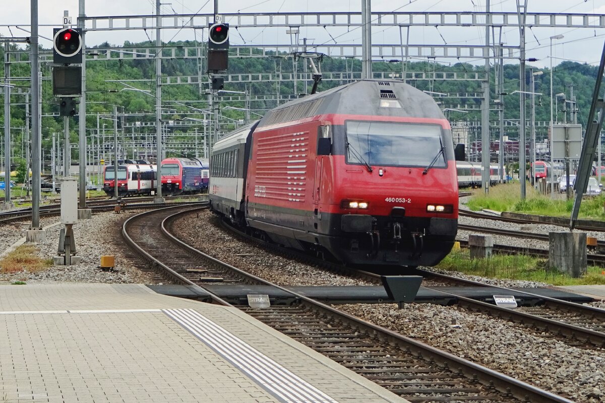 Vom Parkplatz bein Bahnhof Brugg AG (nicht an die Stadtseite, sondern an die Windischgartenseite) kann Mann der Bahnverkehr beobachten, wie am 26 Mai 2019 SBB 460 053 unter Beweis stellt.