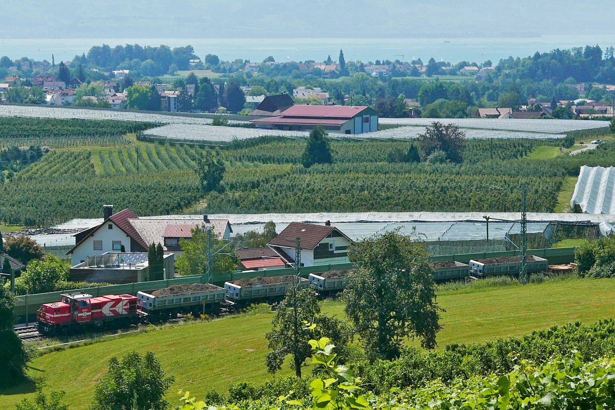 Von der Baustelle in Bodolz kommend befindet sich DE81 der RheinCargo (98 80 0272 019-7 D-RHC) mit den beladenen Schttgutkippwagen kurz vor der Entladestelle bei Oberreitnau. Aufnahme vom 12.08.2020 in der Nhe des Lindauer Ortsteils Schnau.