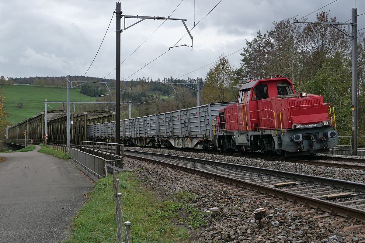 Von Frauenfeld kommend befindet sich Am 841 028-4 der LPAG mit der dritten Wagengruppe auf der Fahrt nach Bürglen (TG), wo die Container mit Zuckerrüben befüllt werden. Aufnahme entstand am 02.11.2022 zwischen Eschigkofen und Wigoltingen.