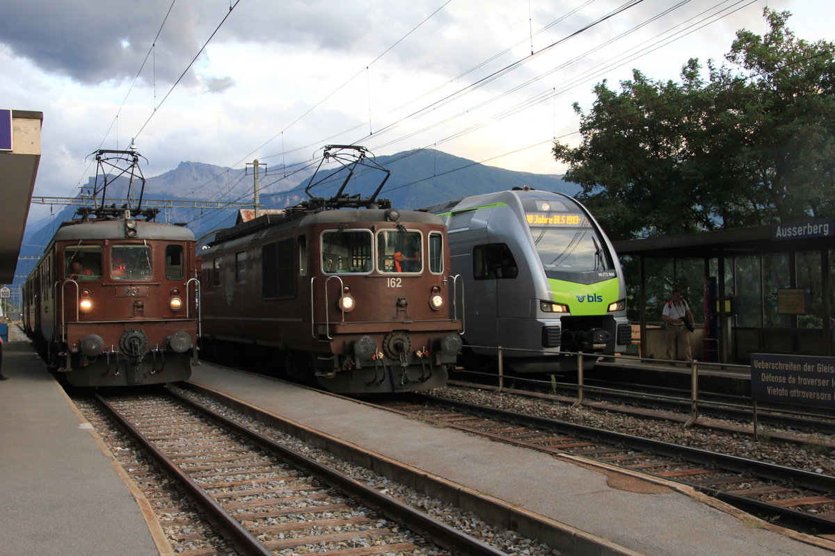 Von links nach rechts am 07.09.2013 im Bahnhof Ausserberg: Ae 4/4 251, Re 4/4 162 und RABe 515 006  Mutz  der BLS anlässlich  150 Jahre Lötschbergbahn . 
