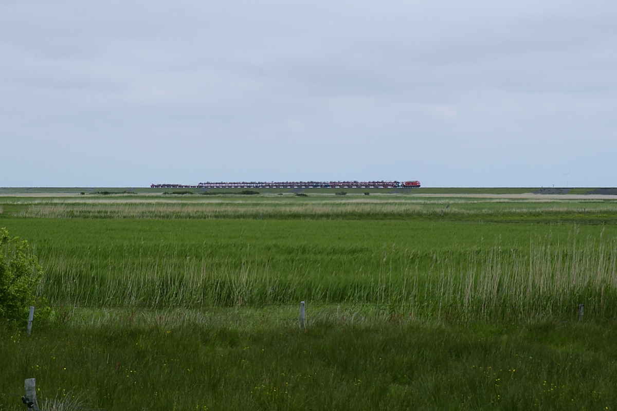 Von der Nösse, einer Landzunge im Osten Sylts, aus gesehen wirkt die 245, die am 04.06.2022 mit einem Autoshuttle auf dem Hindenburgdamm in Richtung Westerland fährt, geradezu winzig