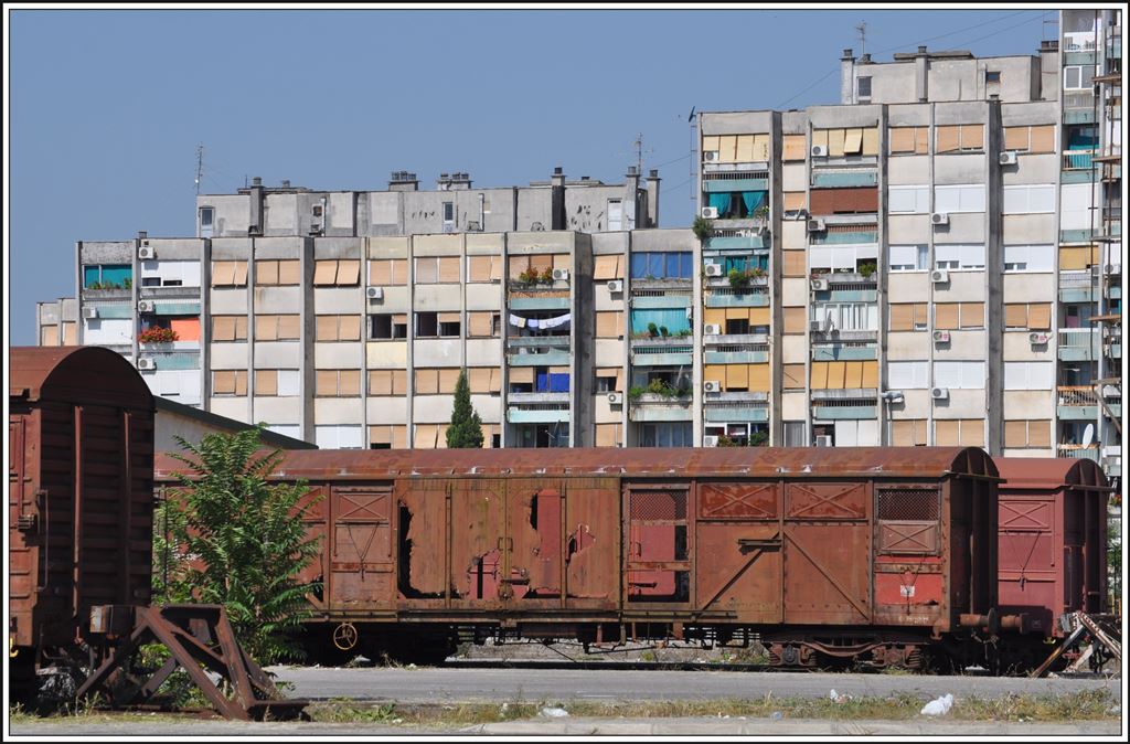 Von Rostfrass abgestellte Güterwagen in Podgorica werden hingegen von den Sprayern als zu wenig attraktiv empfunden. (14.08.2014)