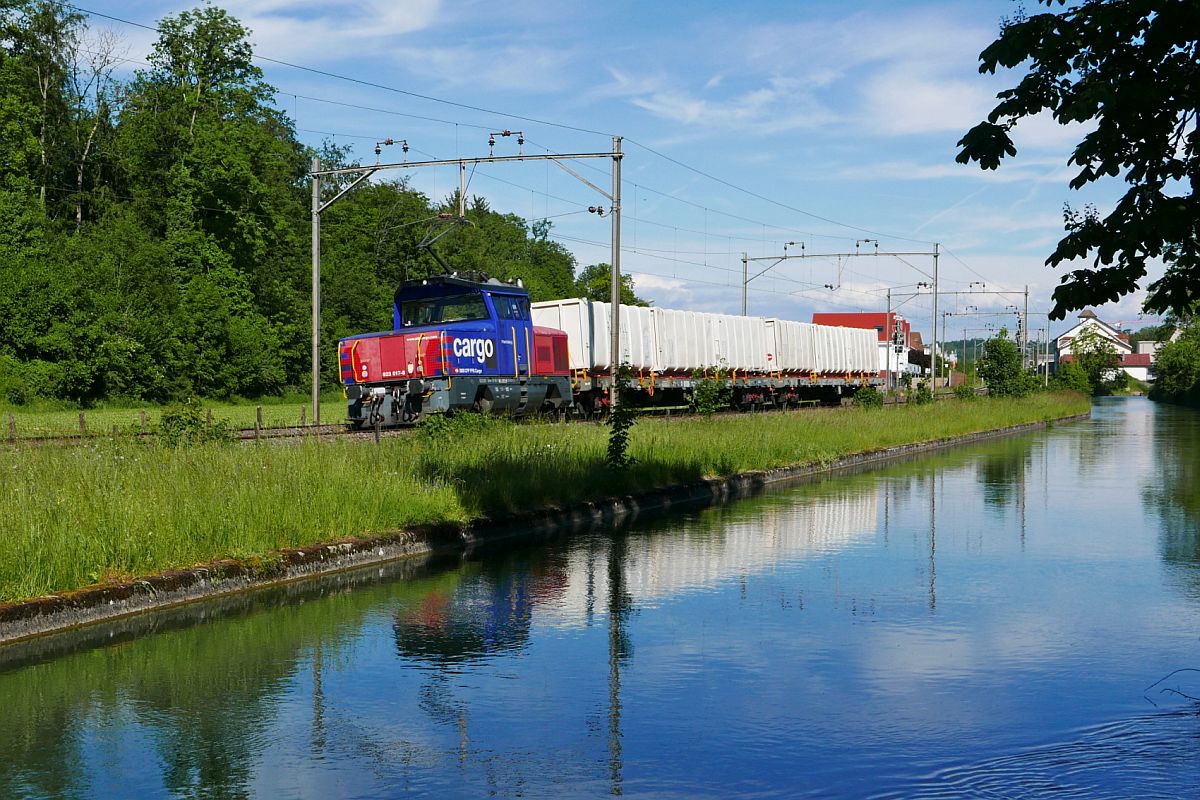 Von Sulgen kommend zieht 923 018-8 'Frienisberg' zwei G�terwagen in B�rglen (TG) am Thurkanal entlang Richtung Frauenfeld (31.05.2019)