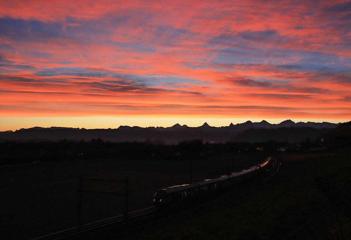Vor Sonnenaufgang fährt ein  Mika -Zug der BLS in Doppeltraktion auf die Station Kehrsatz Nord zu. 28.Dezember 2023 