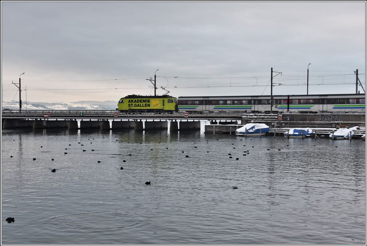 Voralpenexpress nach Luzern mit Re 446 081-4 auf dem Seedamm bei Rapperswil. (18.12.2017)