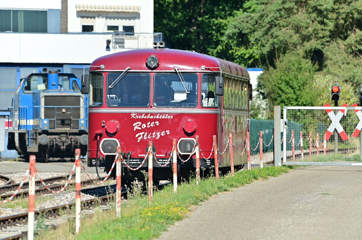Vorbei am Alstomgelände verlässt der 798 081 am Sonntag den 7.8.2022 Neckarbischofsheim Nord in Richtung Siegelsbach.