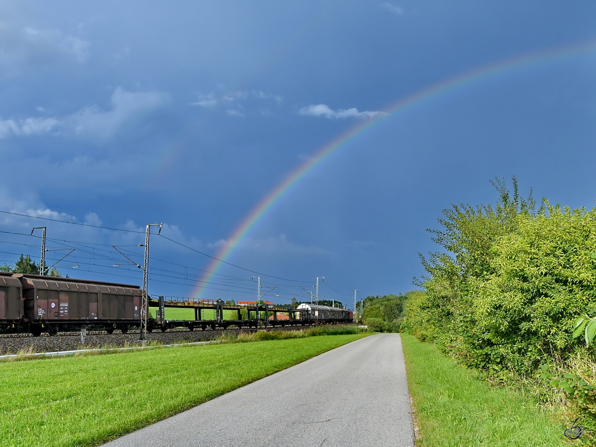 Vorbeifahrt eines gemischten Güterzuges, so gesehen im August 2020 bei Fuchsreut.