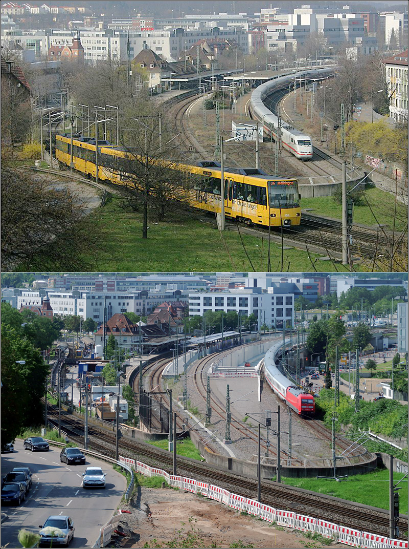 Vorher und nachher - 

Am Bahnhof Feuerbach wurde unter rollendem Rad Platz geschaffen für die Tunnelrampe der neuen Strecke ab hier zum zukünftigen unterirdischen Hauptbahnhof von Stuttgart. Während vorher alle vier Gleise Bahnsteige hatten, gibt es diese jetzt nur noch an den S-Bahngleisen. Die Fern- und Regionalbahngleise wurden nach rechts und links verschoben um dazwischen Platz für die Tunnelrampe zu schaffen. Das linke Gleis wurde dabei auch etwas höher gelegt um den Tunnel zu überfahren.
Eine weitere Veränderung hat sich ungeplant ergeben. Das Bahnsteigdach am Bahnhofsgebäude hat sich hinten verkürzt. Dies passierte als sich im Rangierbahnhof Kornwestheim ein Güterwagen selbständig gemacht hatte und Richtung Stuttgart rollte. Der Wagen wurde auf das dort endende Gleis gelenkt und mit hoher Geschwindigkeit prallte es auf den Prellbock und richte dahinter großen Schaden an. Dies geschah früh morgens, als sich nur wenige Personen auf dem Bahnsteig aufhielten.

Gestern - Heute Zusammenstellung nach dem Vorbild von Horst Lüdicke.

16.03.2006 / 20.07.2021 (M)