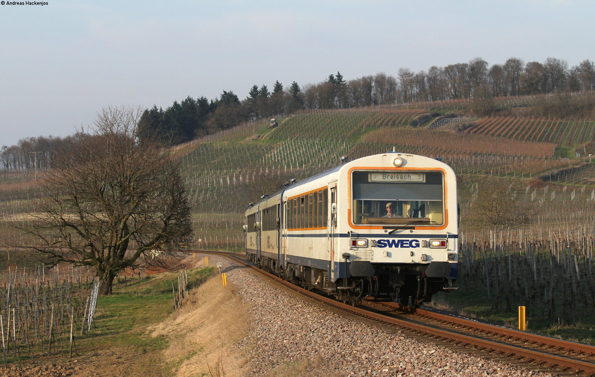 VS 204, VT 128 und VT 129 als SWE74225 (Riegel-Malterd.NE-Breisach) bei Bukrheim 14.3.17
