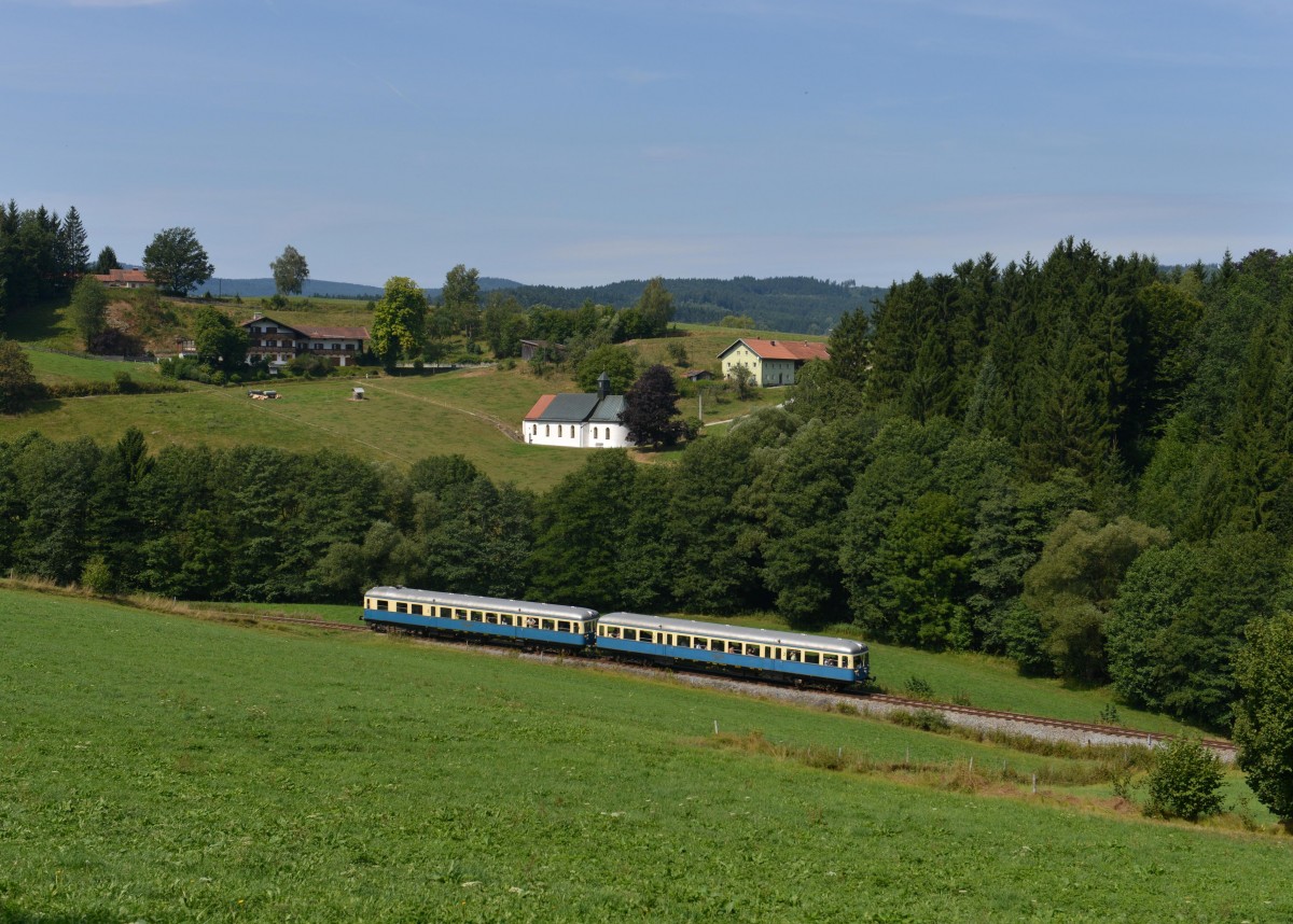 VS 28 + VT 07 bei einer Sonderfahrt auf der Wanderbahn von Gotteszell nach Viechtach am 18.08.2013 bei Osterbrnnl.