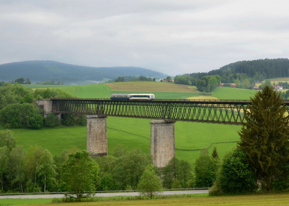 VT 08 + VT 07 als Sonderzug nach Zwiesel am 24.05.2014 auf der Ohebrücke bei Regen.