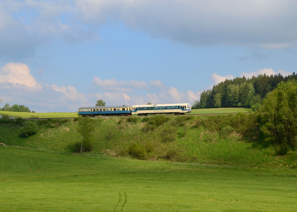 VT 08 (626 008) + VT 07 bei einer Sonderfahrt von Zwiesel nach Viechtach am 25.05.2014 bei Rohrbach. 