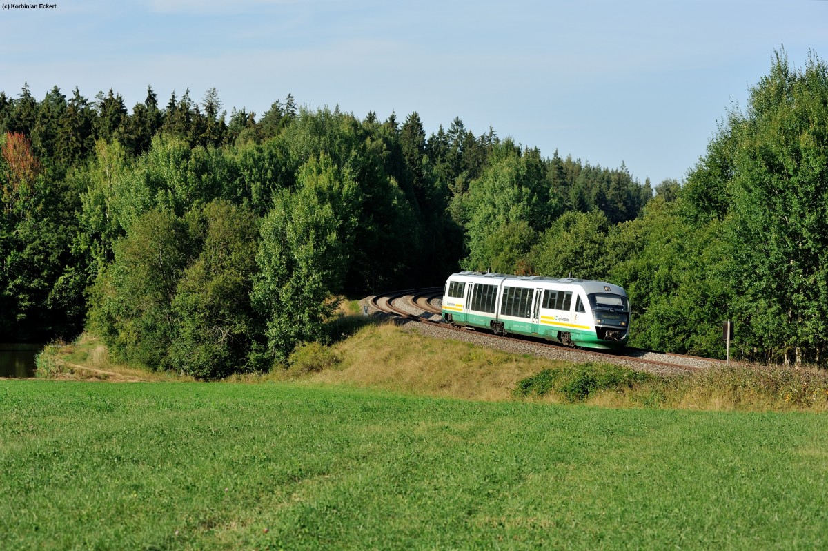 VT 10 der Vogtlandbahn als VBG 74267 von Marktredwitz nach Regensburg Hbf bei Oberteich, 07.09.2013