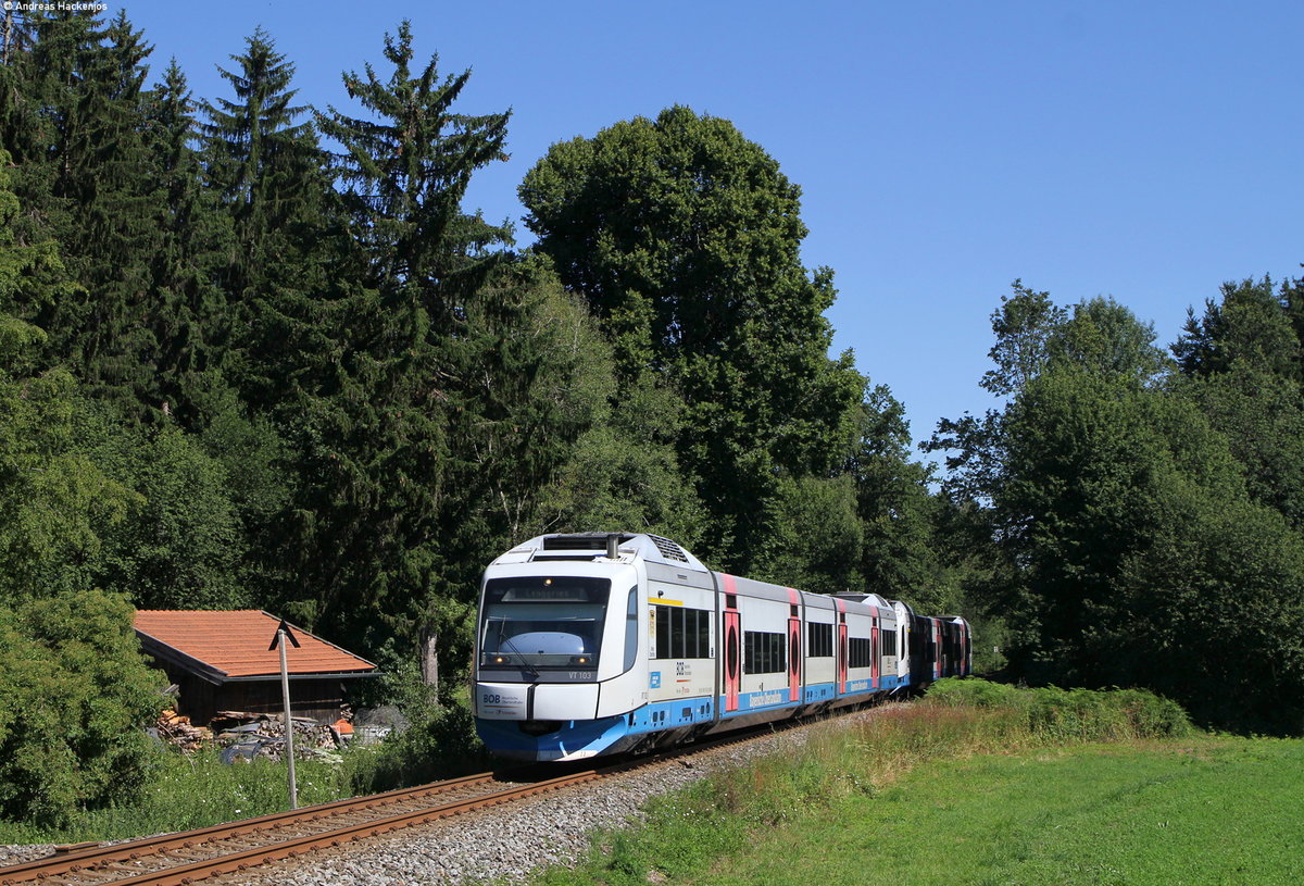 VT 103 und VT 116 als BOB87011/BOB87021 (München Hbf-Schaftlach/Tegernsee) bei Warngau 23.7.19