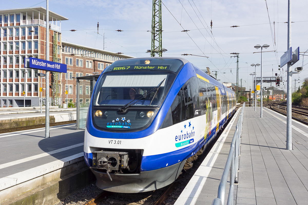 VT 3.01 der Eurobahn erreicht als RB 67 aus Rahden am 04.04.2014 seine Endstation Münster (Westf.) Hbf.