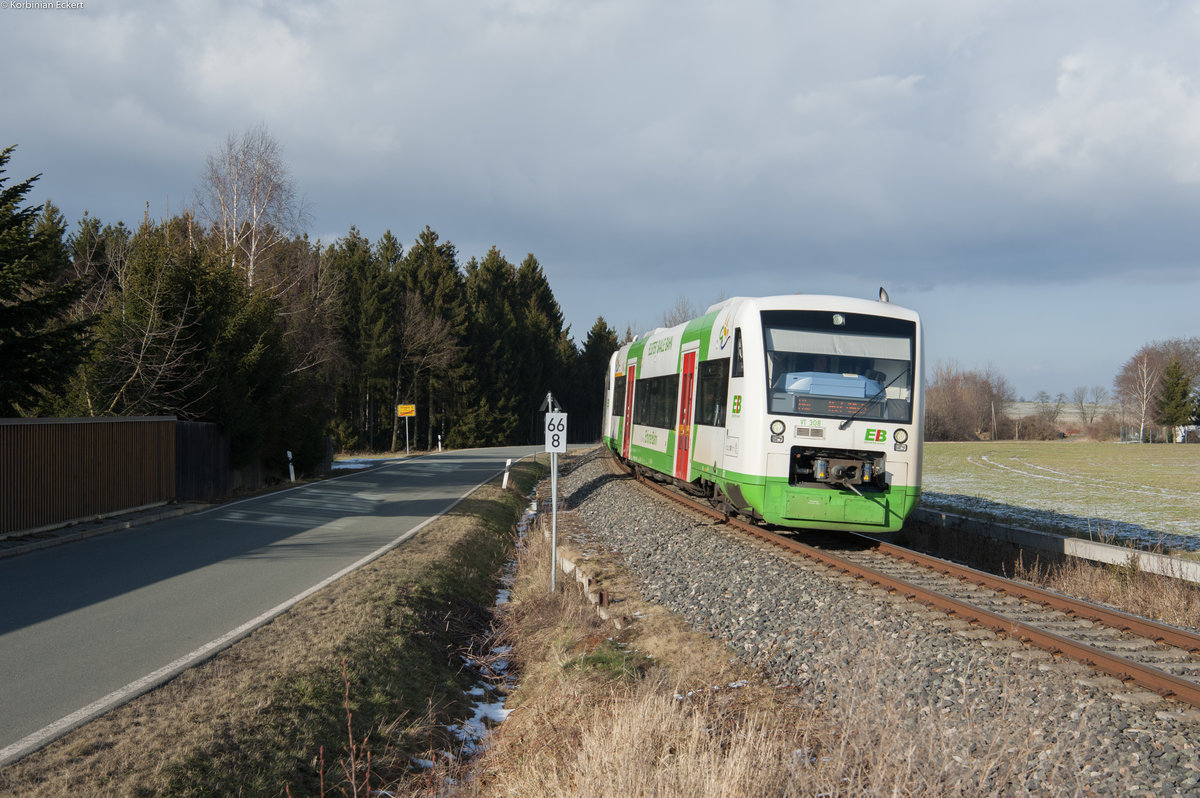 VT 308 der Erfurter Bahn als EB 84019 aus Leipzig Hbf nach Hof Hbf bei Mehltheuer, 16.02.2018