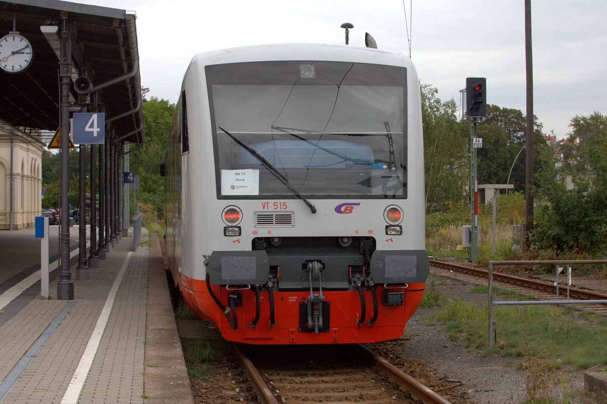 VT 515 der Citybahn Chemnitz bedient aktuell die Strecke Pirna -Neustadt (Sachsen). 16.09.2017  15:07 Uhr.