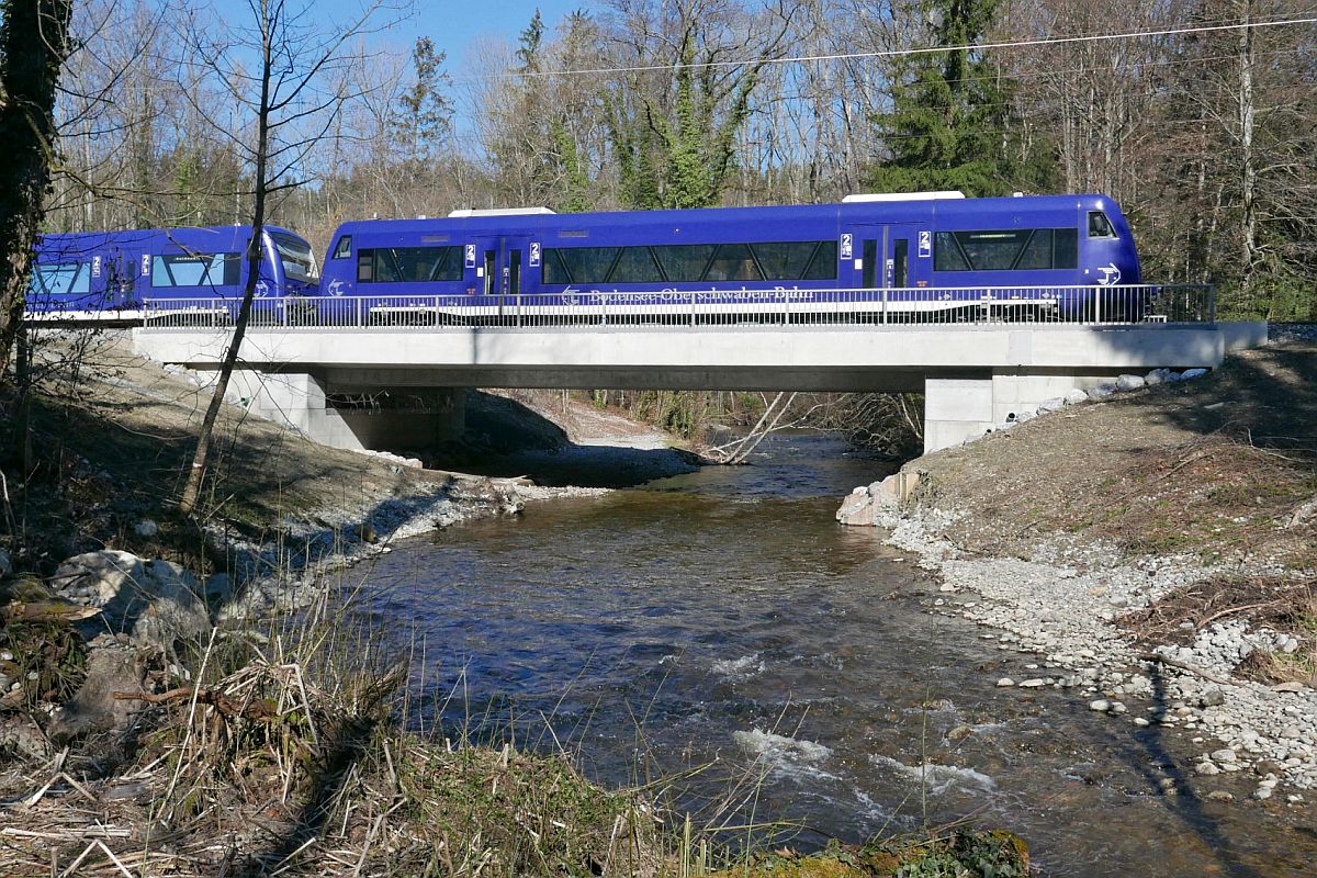 VT 64 (650 354) und VT 67 (650 357) der Bodensee-Oberschwaben-Bahn fahren am 01.03.2021 als RB 91 / RB 87574, Friedrichshafen Hafen - Aulendorf, im Schussentobel bei Kilometer 160.0 auf einer erneuerten Br�cke zum dritten Mal �ber die Schussen
