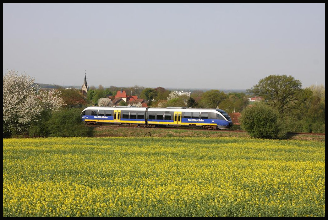 VT 643271 fährt hier am Ortsrand von Hilter m 20.4.2018 um 9.48 Uhr auf dem Haller Willem nach Osnabrück.