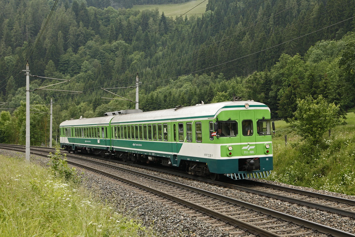 VT 711.020 der Slowenischen Eisenbahnen fährt am 12.06.2016 als Sonderzug zum Triebwagentreffen nach Mürzzuschlag. Hier zu sehen bei Wartberg im Mürztal.